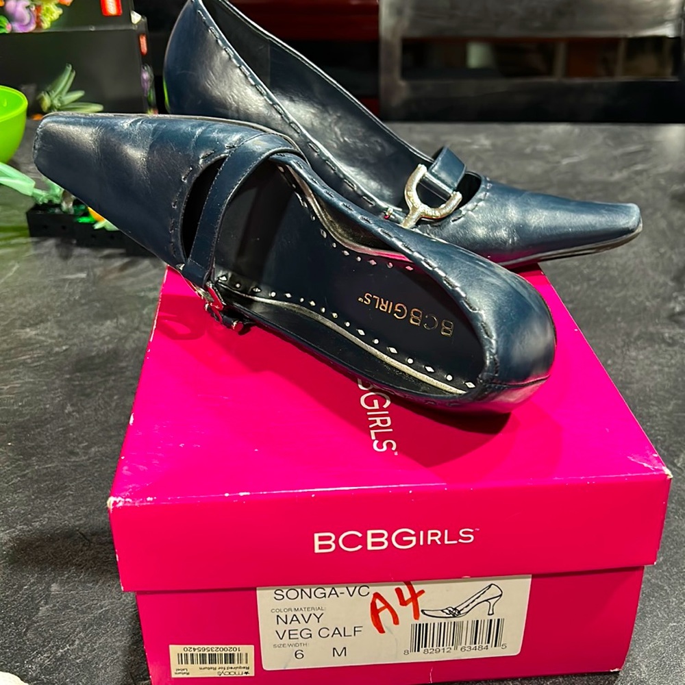 BCBGirls navy square box heel vegan leather 3 inch heel in original box.